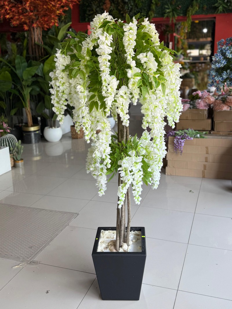 YNC-213 Beyaz Wisteria Yapay Ağaç – 190 cm | Saf ve Şık Sarkık Çiçeklerle Estetik Dokunuş