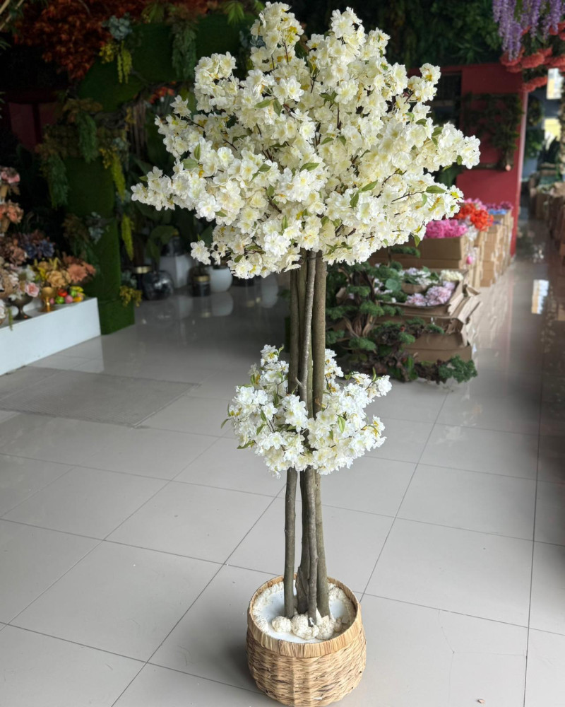 Ync-313 Beyaz Bahar Dalı Yapay Ağaç – Altıgen Saksılı
